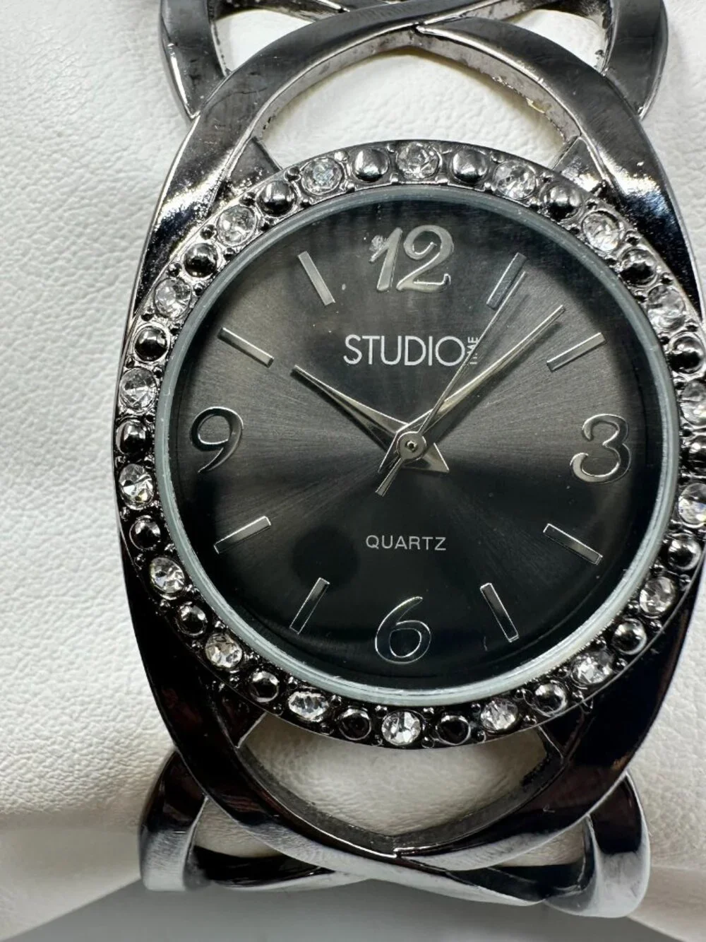 3/$30 Studio Time Watch Women Black Crystal Bezel Clamper Cuff Band 6.75